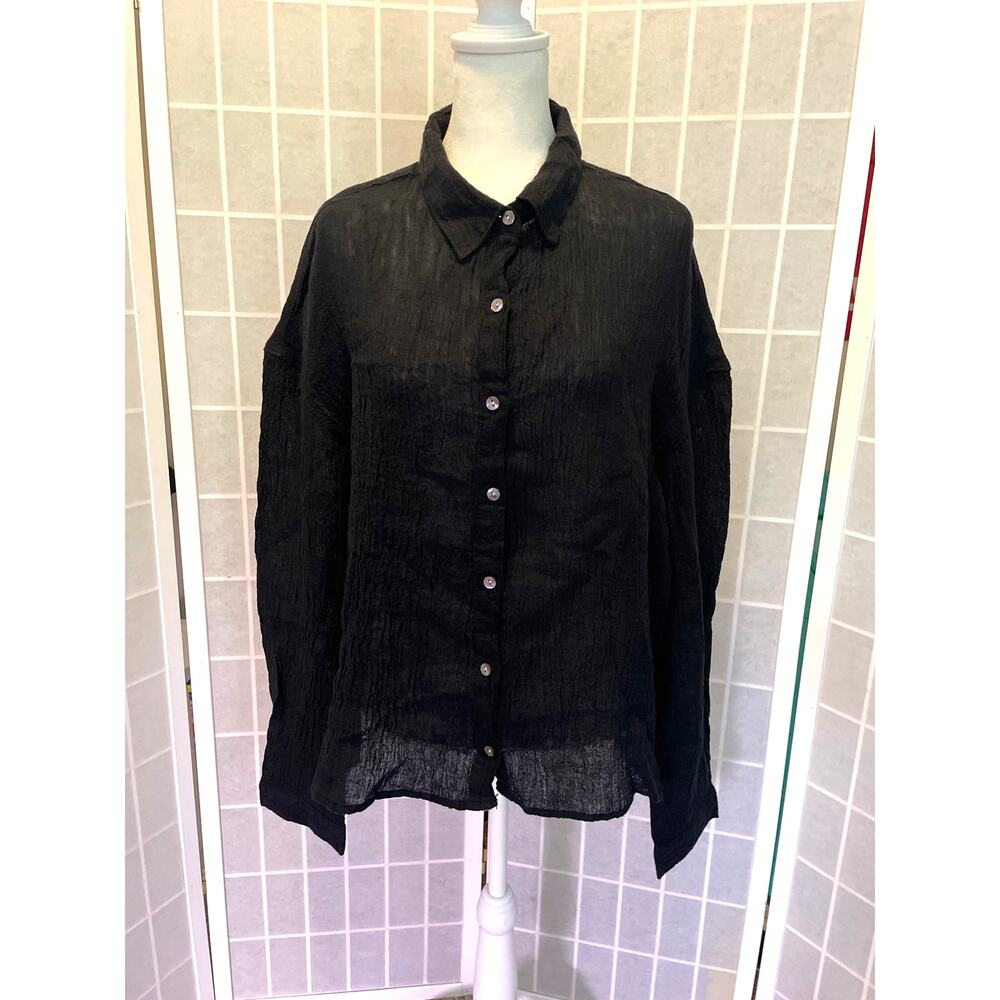 Tahari NEW 100% Linen Button Front Top L Black Gauze Dolman Beachy Lagenlook